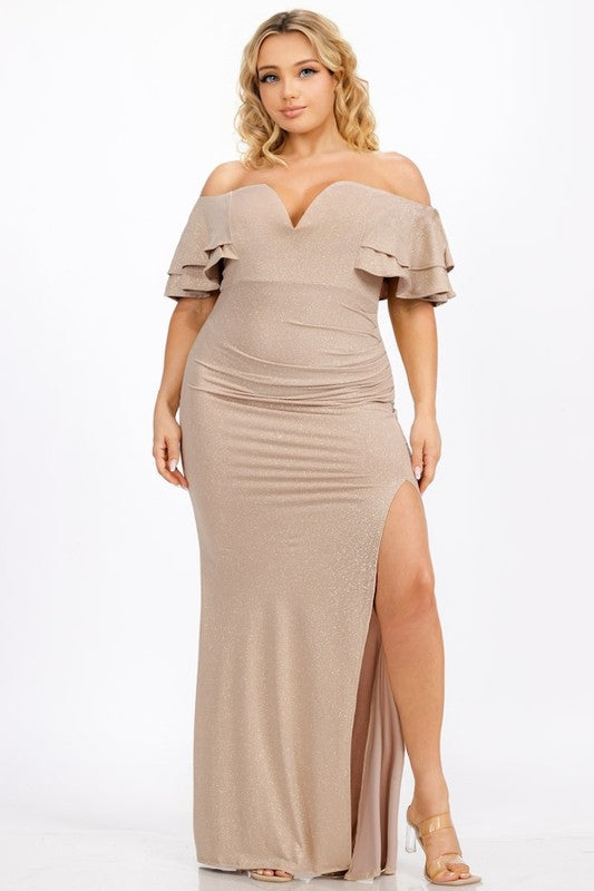 Glitter Off Shoulder Ruffle Sleeve Maxi Dress