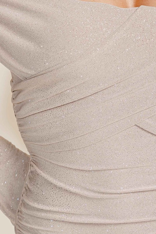 Glitter Off Shoulder Ruffle Sleeve Maxi Dress