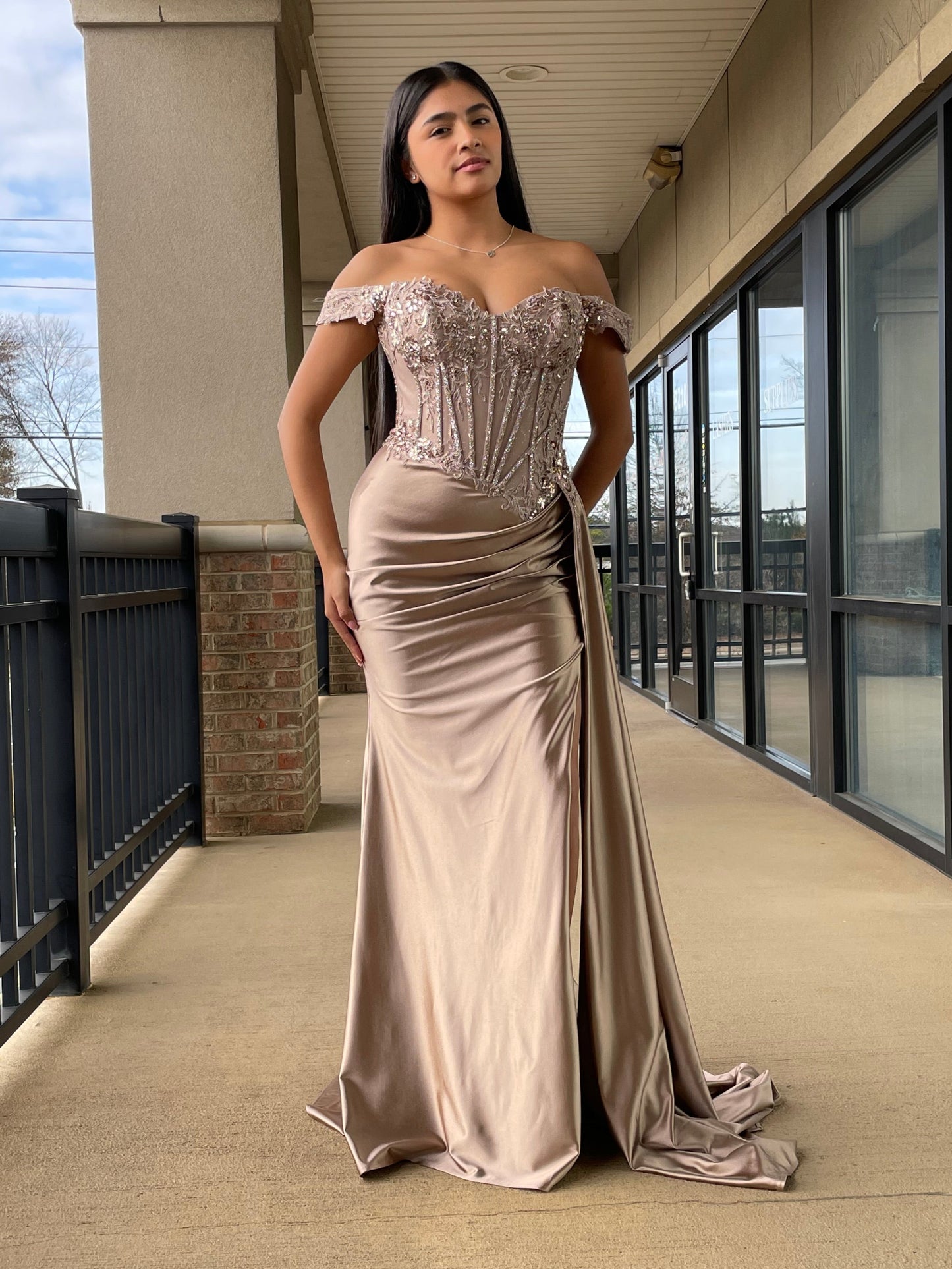 The Jimena Off the Shoulder Lace and Satin Gown