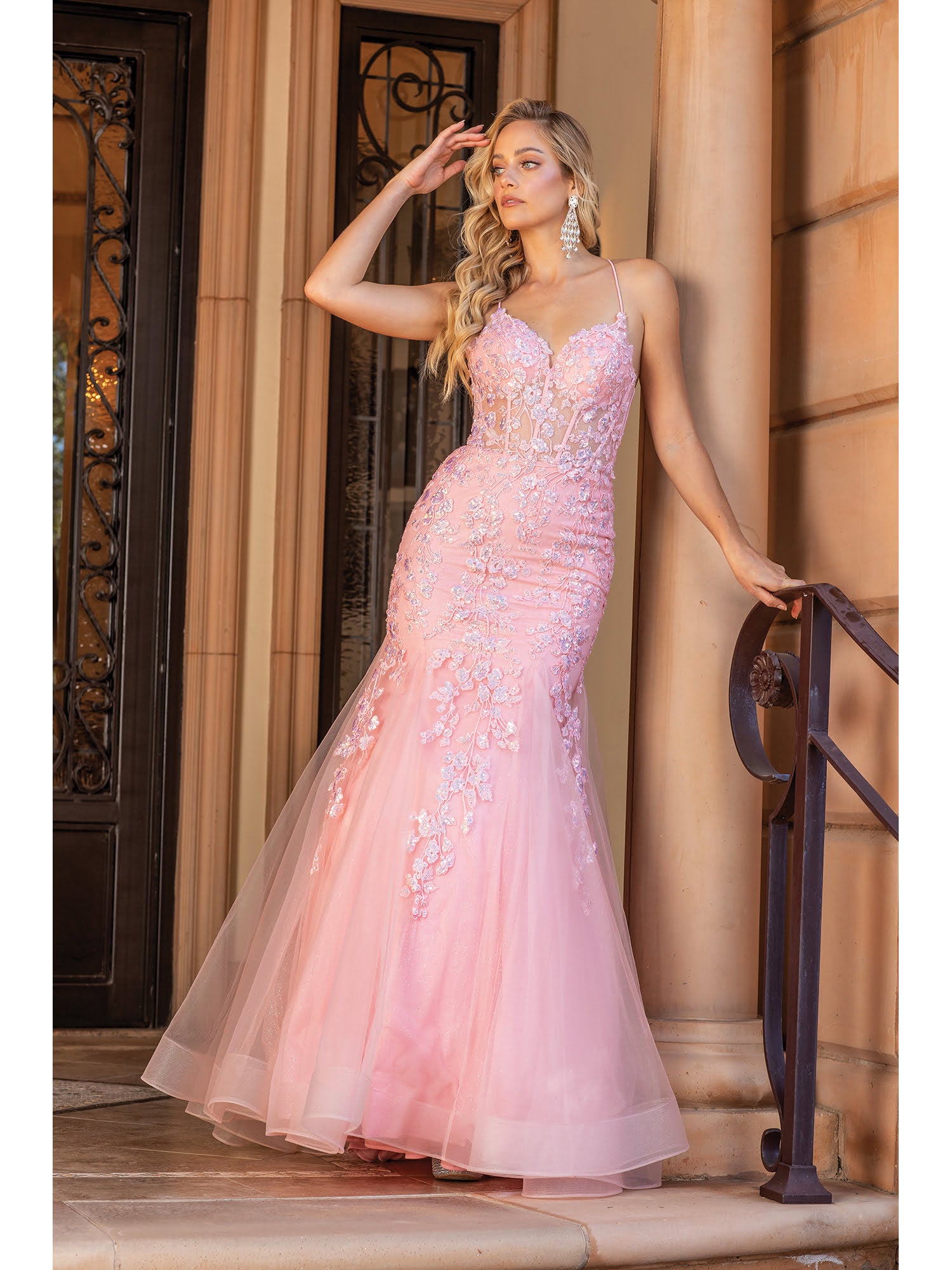 The Lilly Mermaid Gown with Floral Embroidery and Tulle Overlay Blush / M The Lilly Mermaid Gown with Floral Embroidery and Tulle Overlay Blush / M