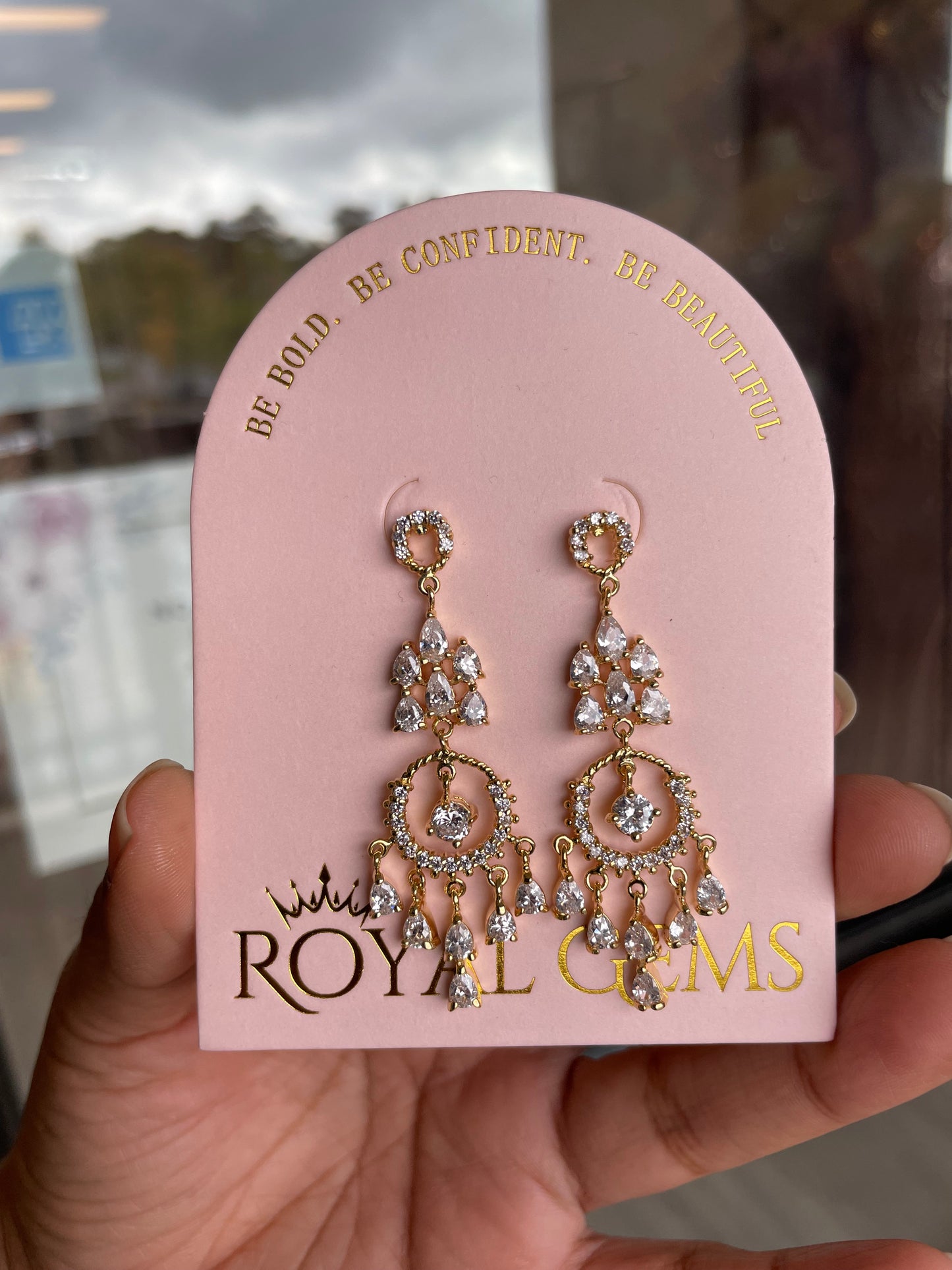 Long Chandelier Earrings Gold with Clear Rhinestones