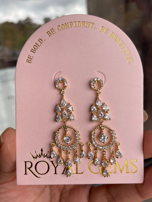 Long Chandelier Earrings Gold with Clear Rhinestones