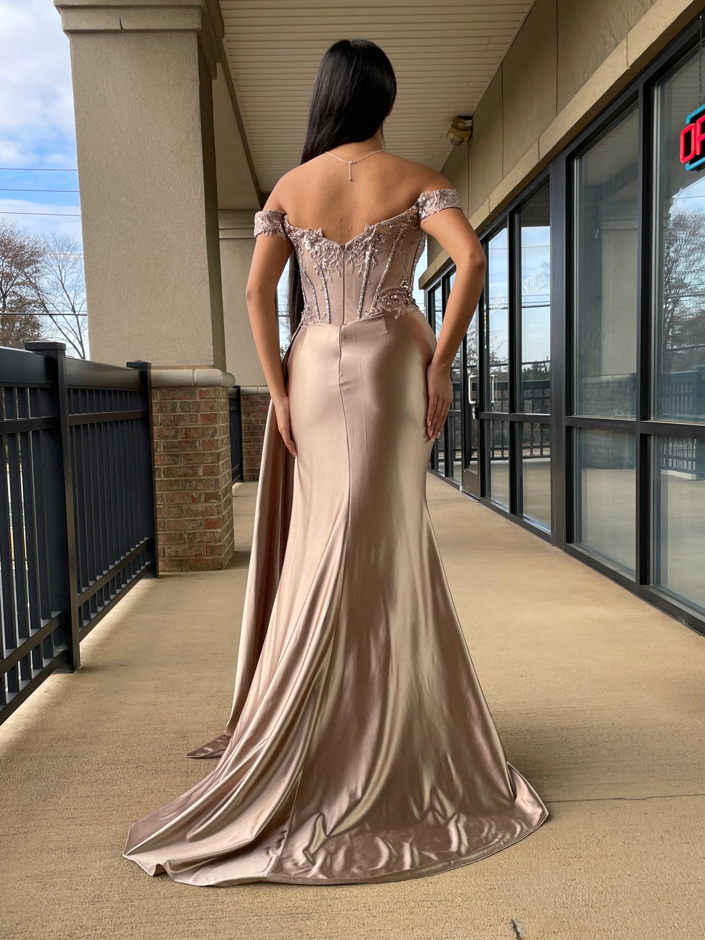 The Jimena Off the Shoulder Lace and Satin Gown