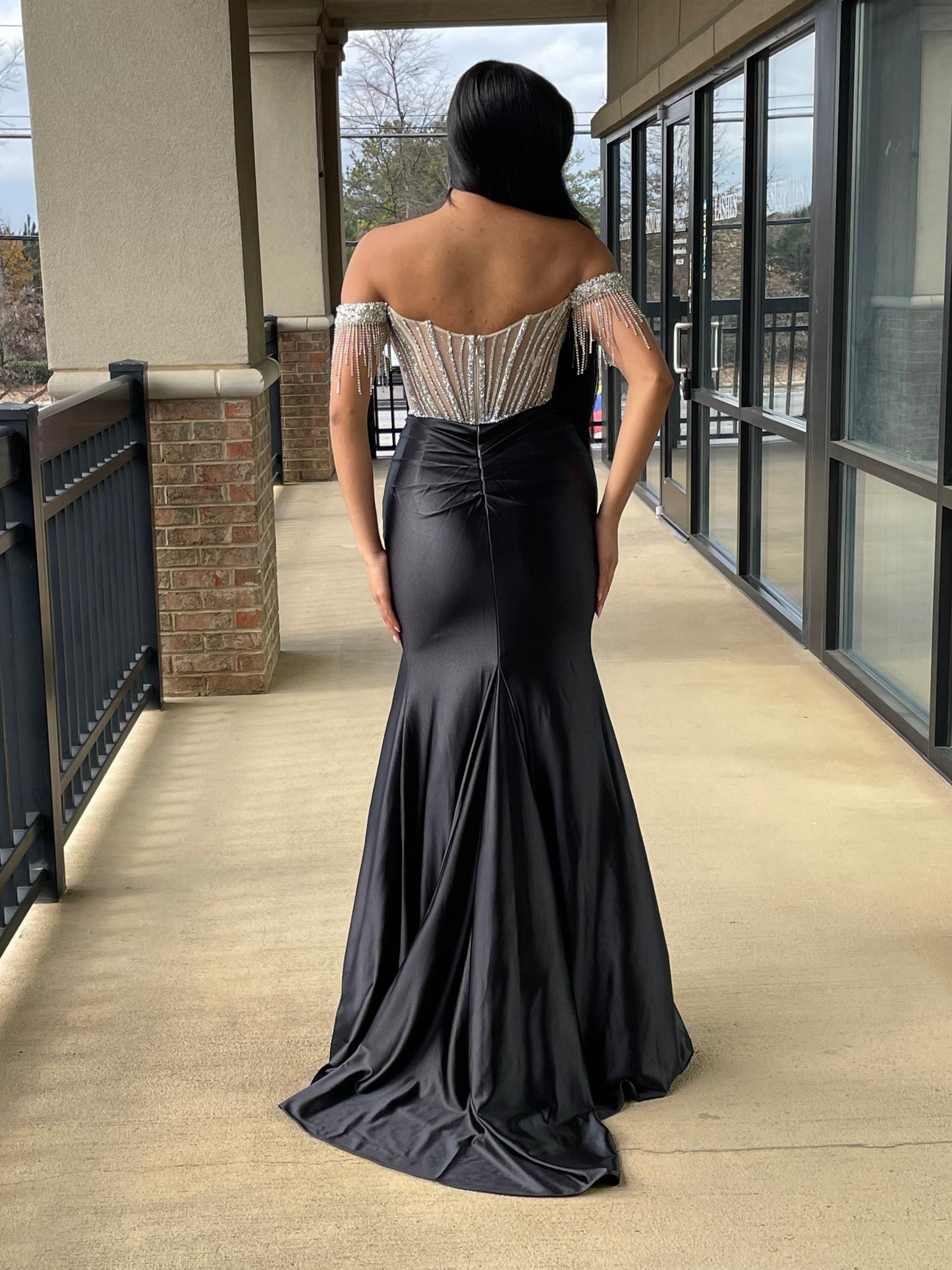 The Carol Embellished off the Shoulder Satin Gown