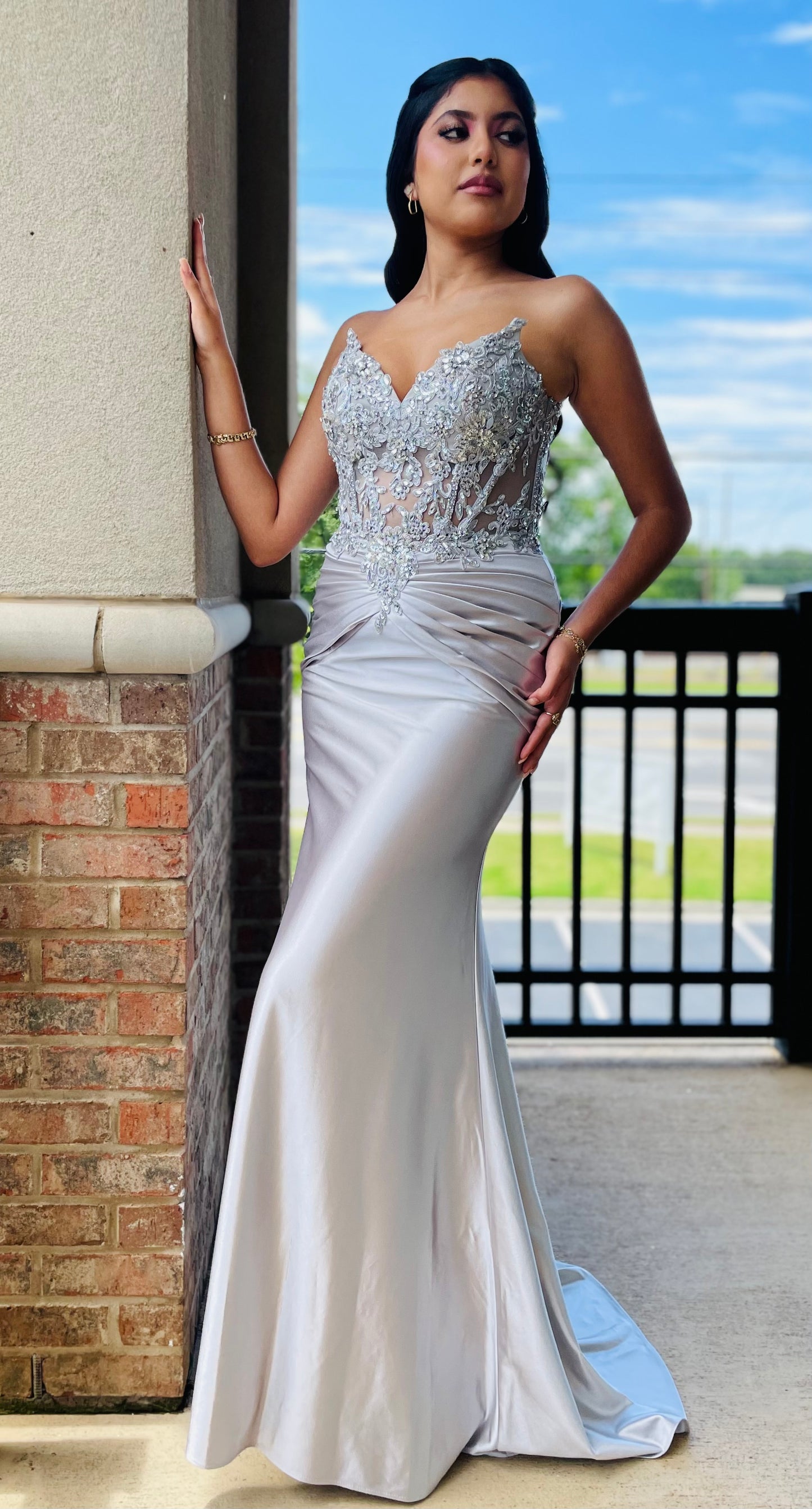 The Ingrid Fitted Satin and Lace Embellished Gown