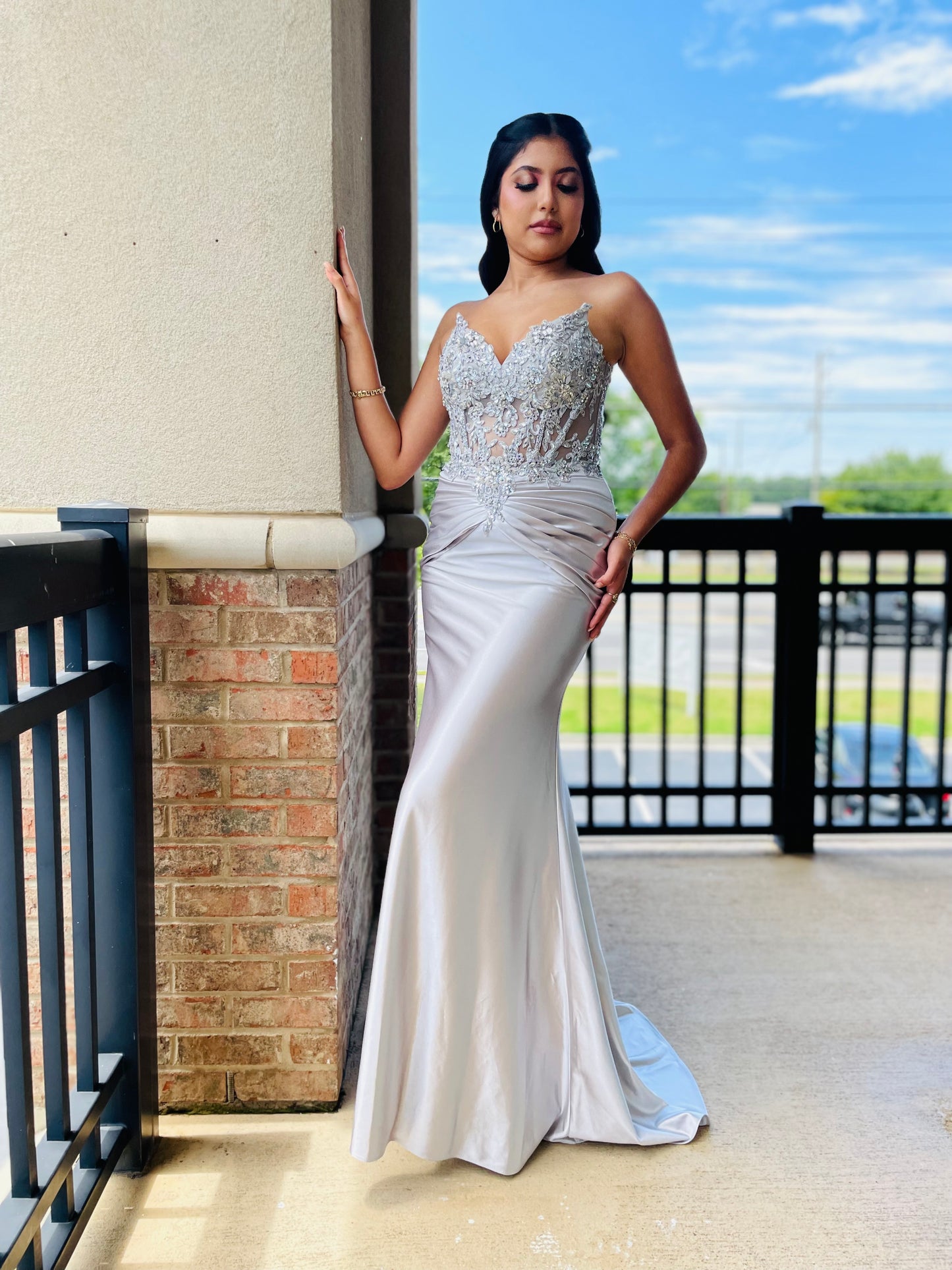 The Ingrid Fitted Satin and Lace Embellished Gown