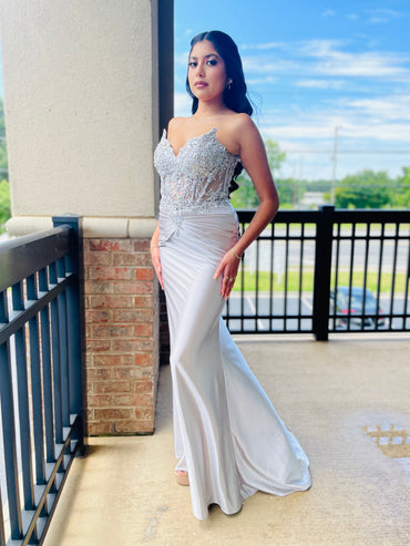 The Ingrid Fitted Satin and Lace Embellished Gown