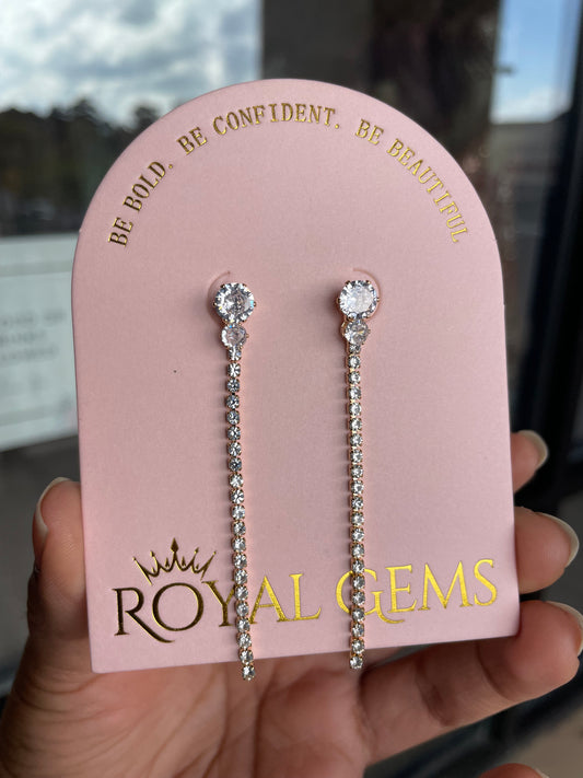 Long Linear Drop Drop Earrings Gold with Clear Stones