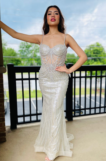 The Porsha Metallic Fitted Pearl and Crystal Dress