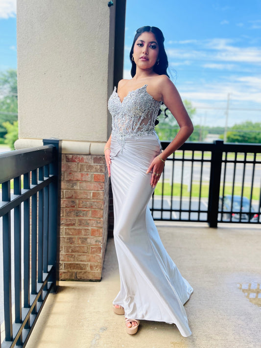 The Ingrid Fitted Satin and Lace Embellished Gown