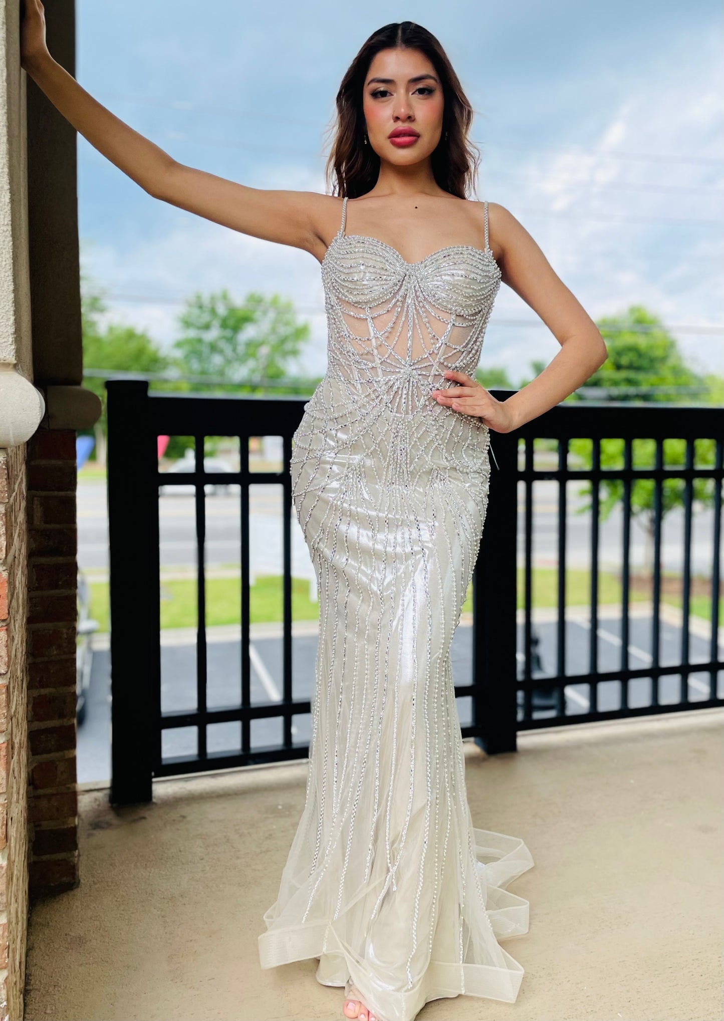 The Porsha Metallic Fitted Pearl and Crystal Dress
