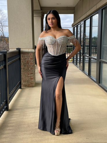 The Carol Embellished off the Shoulder Satin Gown