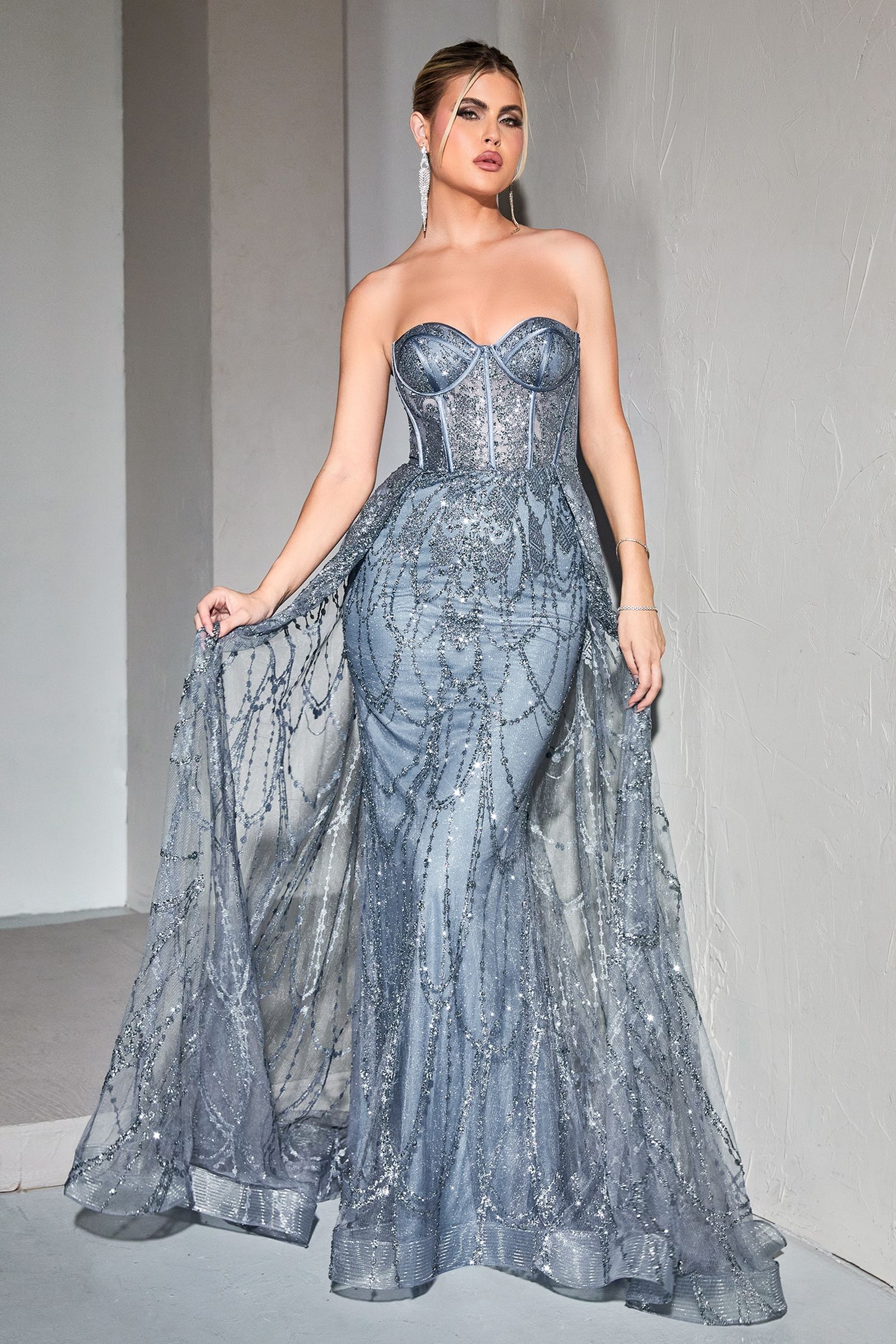 Aria Strapless Lace Fitted Gown with Overskirt Smoky Blue / 6 Aria Strapless Lace Fitted Gown with Overskirt Smoky Blue / 6