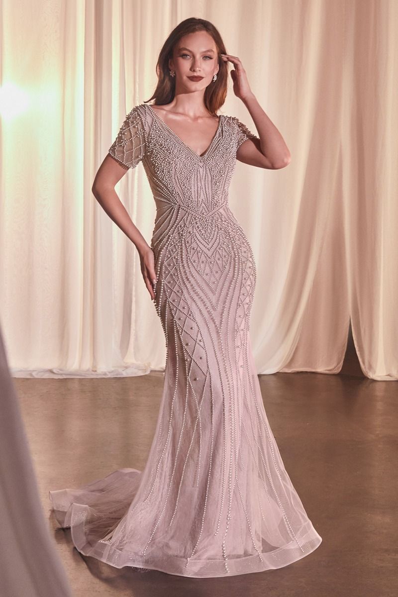 The Reyna Short Sleeve Beaded Fit and Flare Gown