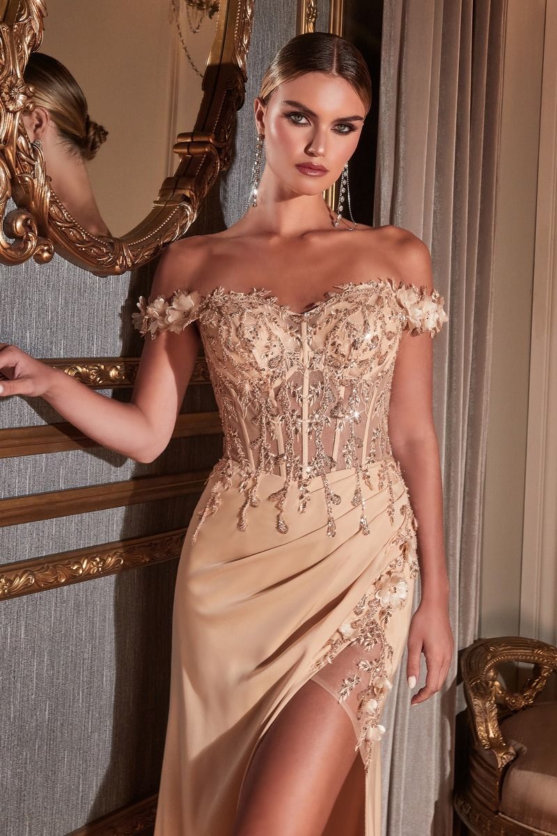 Reece Lace Beaded Off the Shoulder Satin Gown