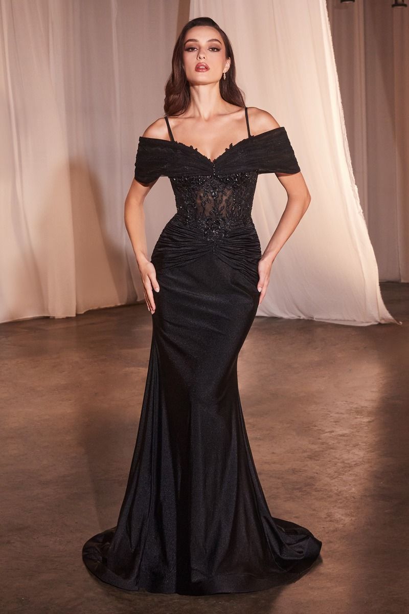 The Regina Fitted Satin and Lace Gown with Off the Shoulder Accessory