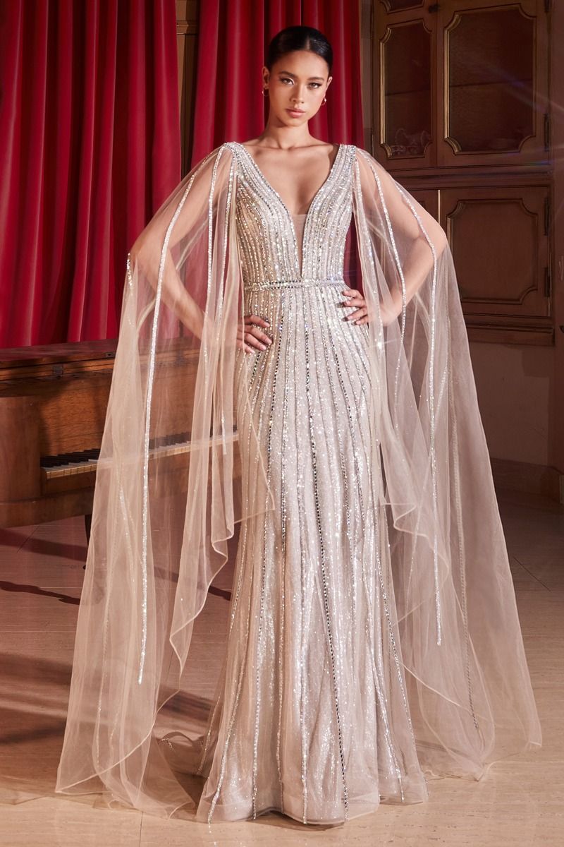 EMBELLISHED LONG CAPE SLEEVE GOWN Silver / 14 EMBELLISHED LONG CAPE SLEEVE GOWN Silver / 14