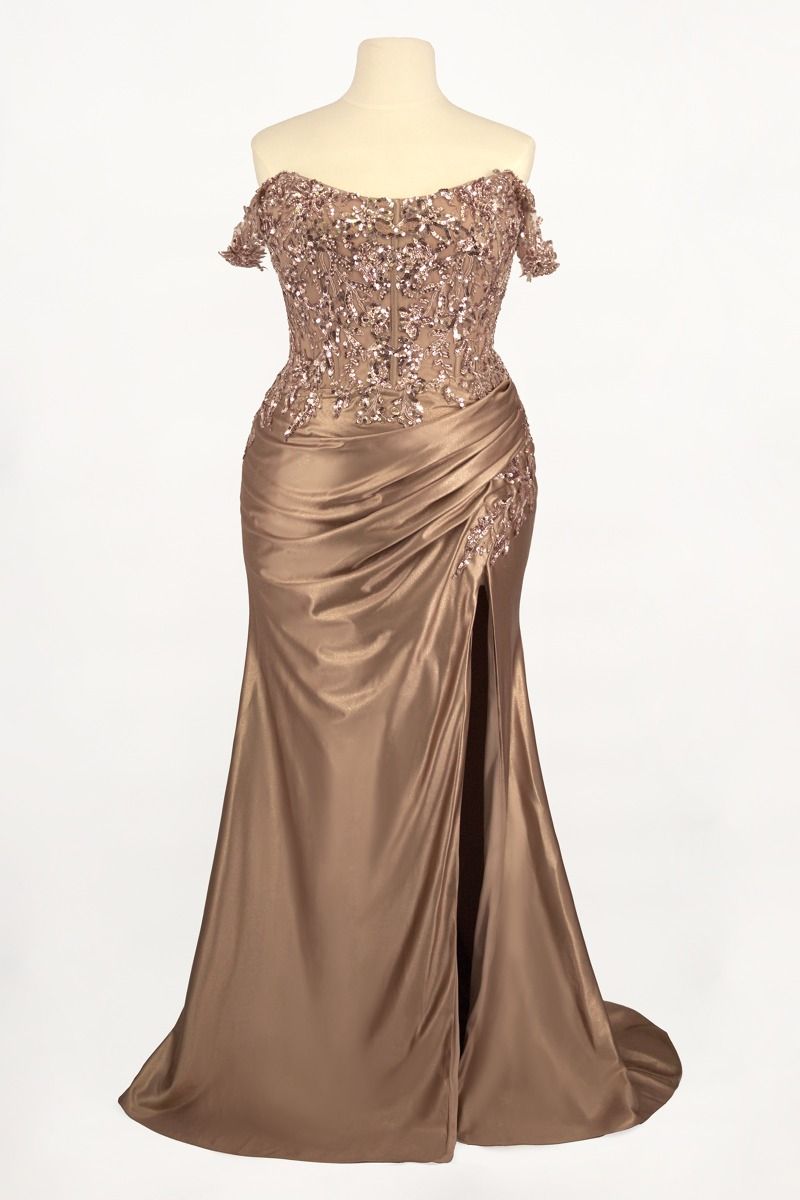 The Jessica off the Shoulder Satin and Lace Dress