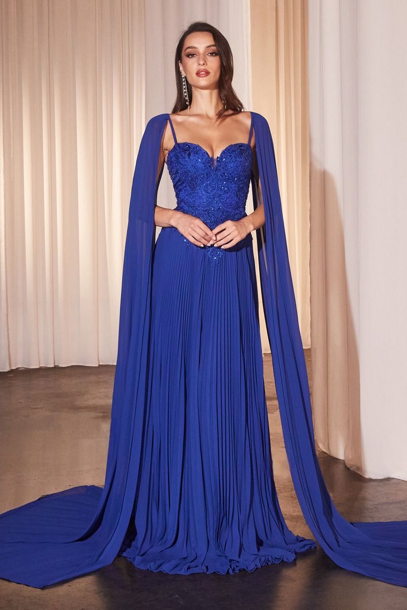 Pleated A-Line Gown with Cape Sleeves