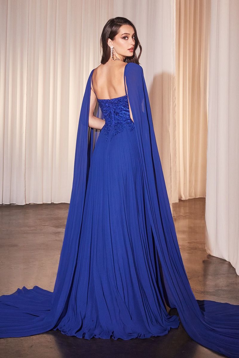 Pleated A-Line Gown with Cape Sleeves