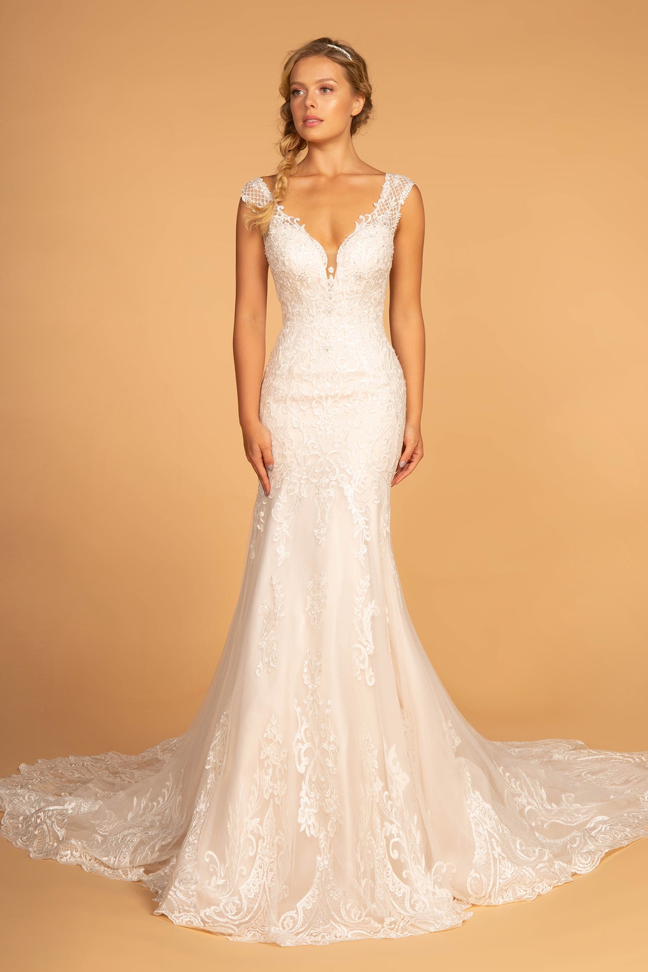 Ramona Embroidery Embellished Mesh Wedding Gown w/ Netting Shoulder Strap XL Ramona Embroidery Embellished Mesh Wedding Gown w/ Netting Shoulder Strap XL