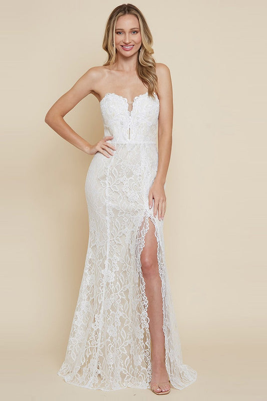 Strapless Lace Side Slit Wedding Dress