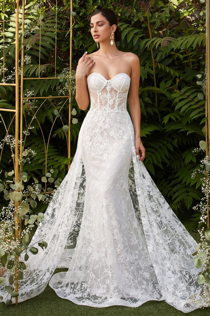 Strapless Fitted Overskirt Lace Bridal Gown 6 / White Strapless Fitted Overskirt Lace Bridal Gown 6 / White