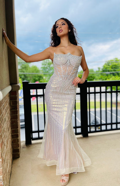 The Nova Strapless Metallic Crystal Gown