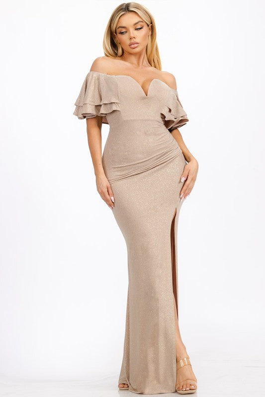 Glitter Off Shoulder Ruffle Sleeve Maxi Dress