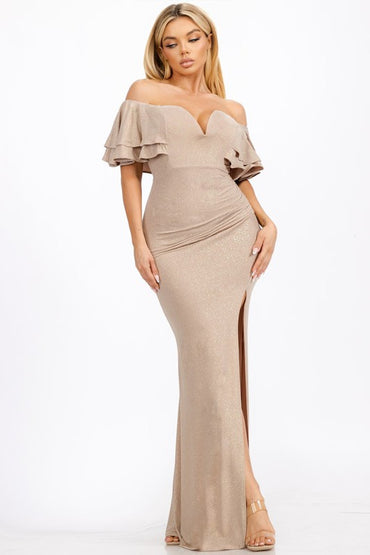 Glitter Off Shoulder Ruffle Sleeve Maxi Dress