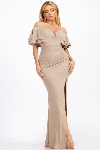 Glitter Off Shoulder Ruffle Sleeve Maxi Dress
