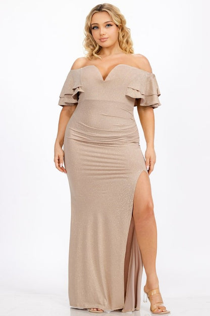 Glitter Off Shoulder Ruffle Sleeve Maxi Dress