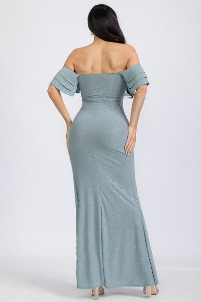 Glitter Off Shoulder Ruffle Sleeve Maxi Dress