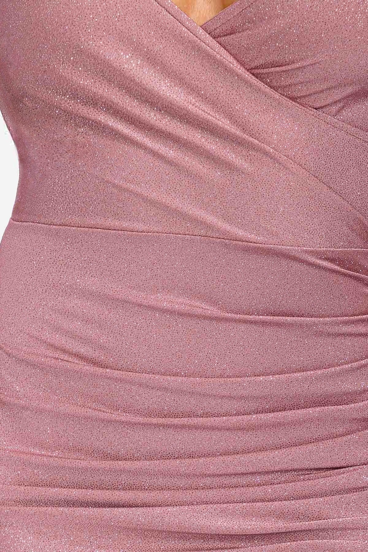 Satin Glitter Off Shoulder Draped Slit Maxi Dress