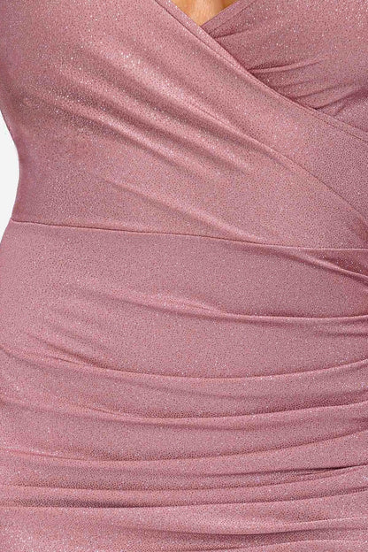 Satin Glitter Off Shoulder Draped Slit Maxi Dress