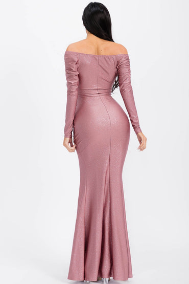 Satin Glitter Off Shoulder Draped Slit Maxi Dress