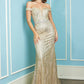 The Janice Off the Shoulder Glitter Gown with Embellished Belt