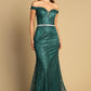 The Janice Off the Shoulder Glitter Gown with Embellished Belt