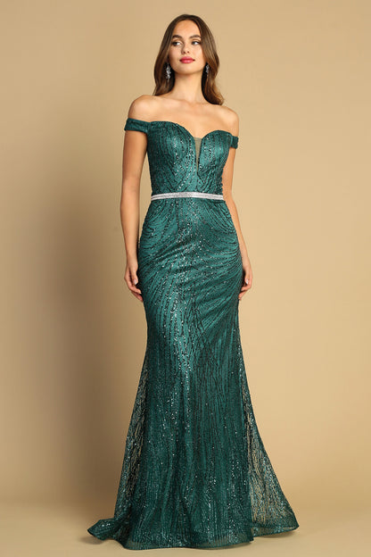 The Janice Off the Shoulder Glitter Gown with Embellished Belt