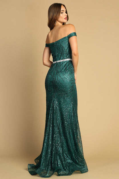 The Janice Off the Shoulder Glitter Gown with Embellished Belt