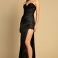 Jessica Strapless Satin Dress with High Slit and Lace Top