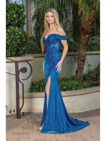 Liliana Beaded and Shimmering Off-Shoulder Evening Gown Royal Blue