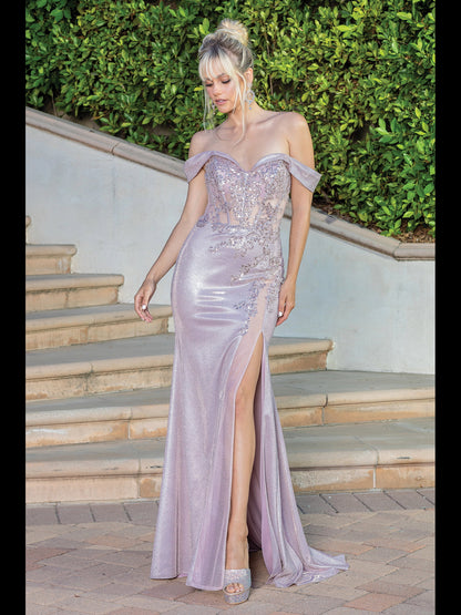 Liliana Rose Gold Beaded and Shimmering Off-Shoulder Evening Gown