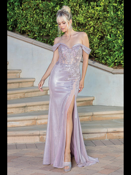 Liliana Rose Gold Beaded and Shimmering Off-Shoulder Evening Gown