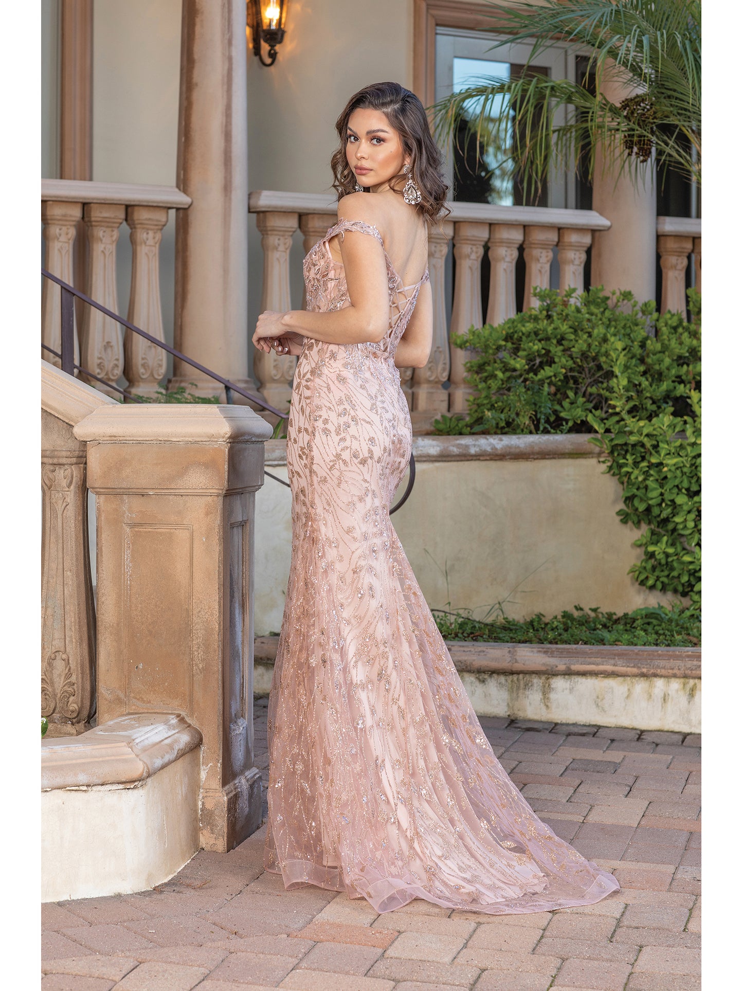 Elegant Lace Rose Gold Fishtail Dress DQ 4332 Glitter Pattern Off The Shoulder Fit Flare Prom Elegant Lace Rose Gold Fishtail Dress DQ 4332 Glitter Pattern Off The Shoulder Fit Flare Prom