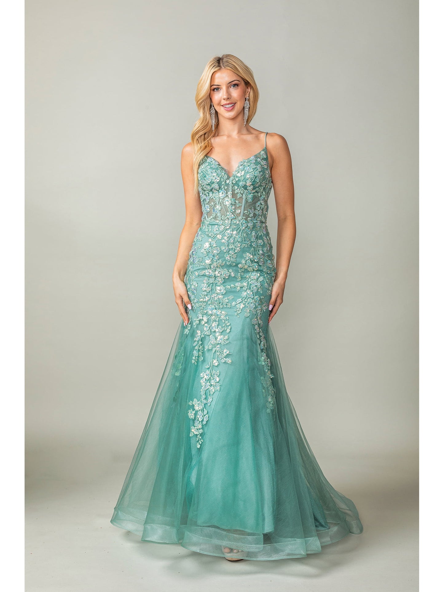 The Lilly Mermaid Gown with Floral Embroidery and Tulle Overlay