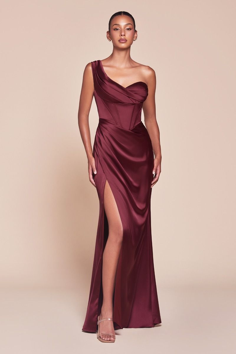 The Sabrina One Shoulder Corset Gown Burgundy / 8