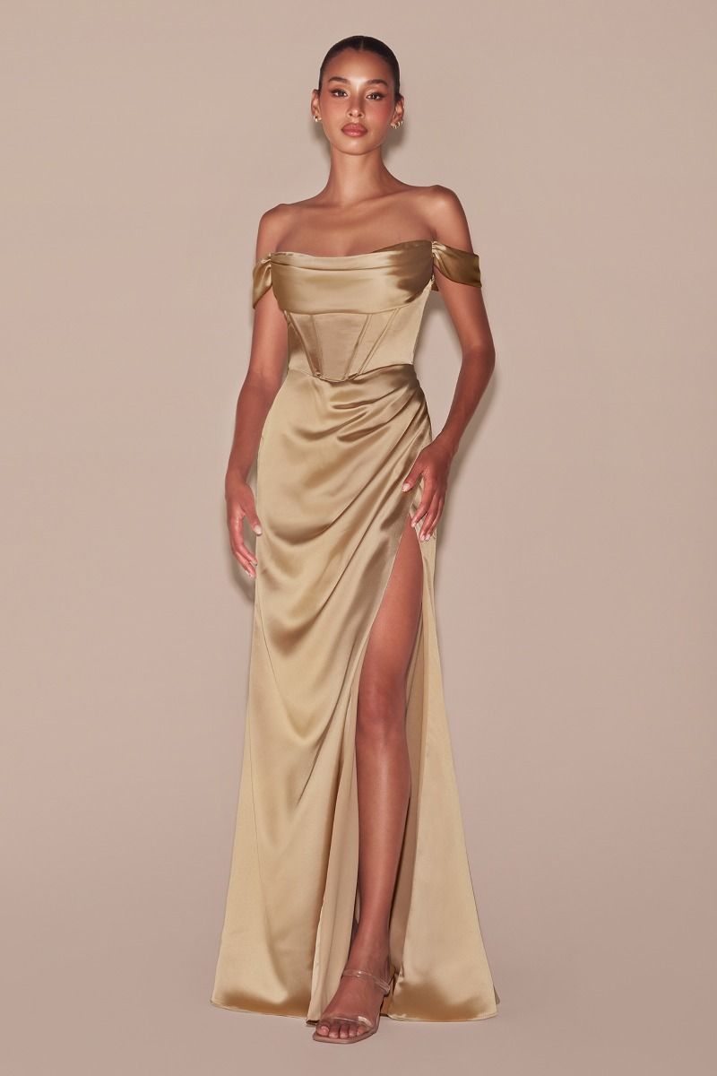 Leena Off the Shoulder Corset Smooth Satin Gown