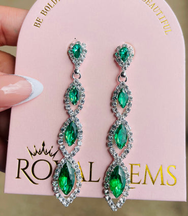 Emerald with Silver Long Dangle Earrings