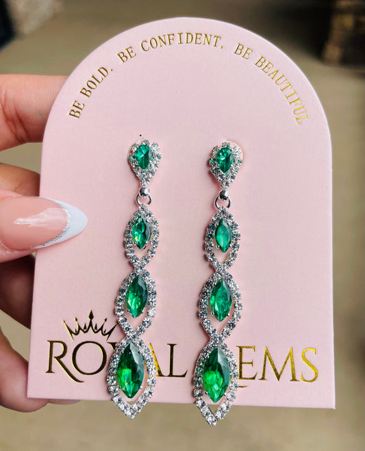 Emerald with Silver Long Dangle Earrings